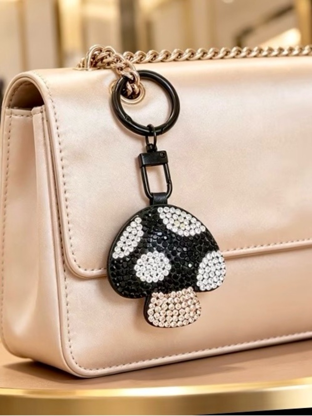 $38.00- Black & White Crystal Mushroom Bag Charm Keychain